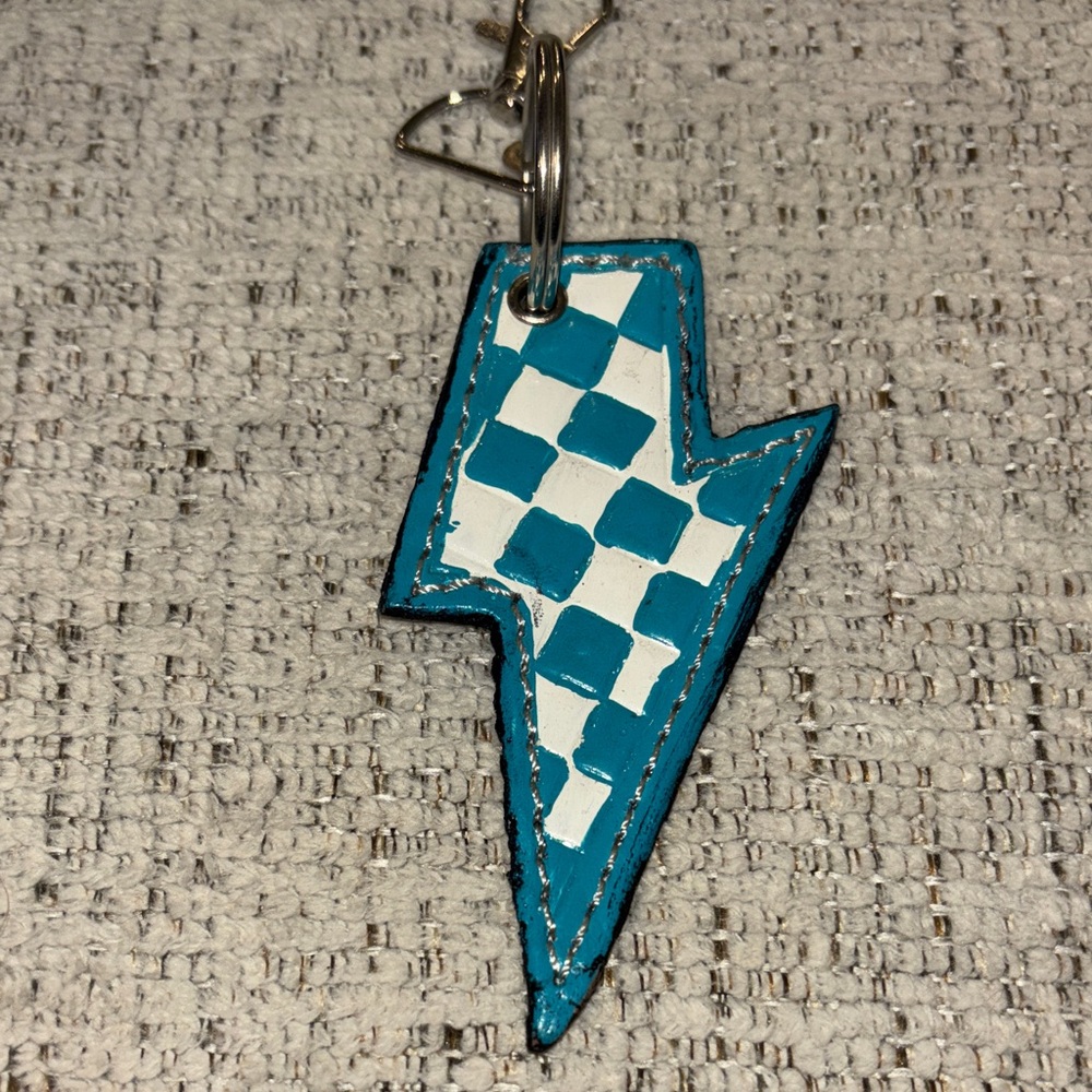 Blue and White Checkered Lightning Bolt Keychain